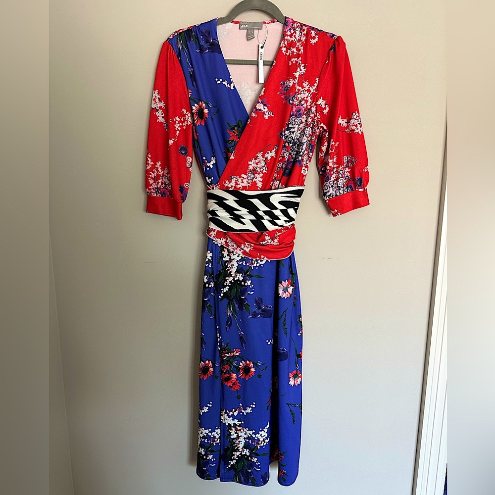 ASOS Size 6 Party Dress with Red and Purple floral and black and white sash.